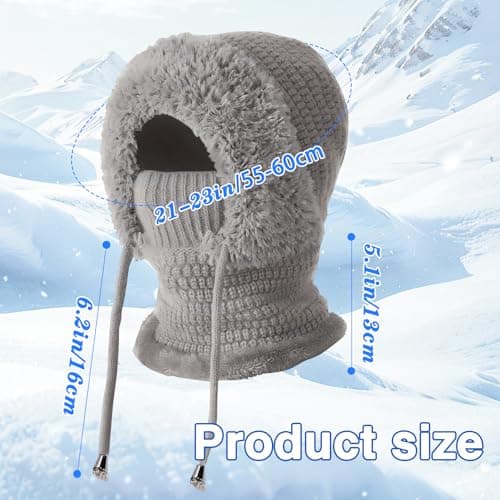 Ashloter 3 in 1 Beanie Hat for Women, 3in1 Thermal Winter Balaclava Knitted Hood with Scarf and Face Mask, Windproof Warm for Outdoor Skiing Hiking Running Skiing Cycling Ladis Men Grey — view 2