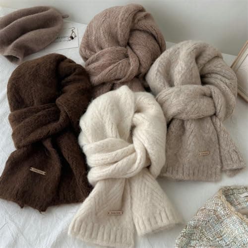 Bagkeak Alpaca Wool Solid Color Knitted Scarf for Women Warm Shoulder Wrap Versatile Layering Accessory for Fall, Winter, Oat, Medium — view 2