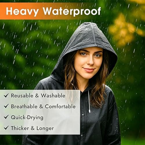JXJIUA Rain Poncho Raincoats for Adults Men/Women, 2 Pack Reusable Rain Jacket Rainwear with Hoods and Sleeves, Waterproof for Emergency, Outdoors, Camping (Black) — view 5
