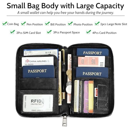 Men Passport Wallet for 3 Passports Women Passport Holder Travel Wallet Pu Leather Large Capacity Travel Document Holder Organiser RFID Trip Document Organizer Family for Cards ID Ticket (Black) — view 3