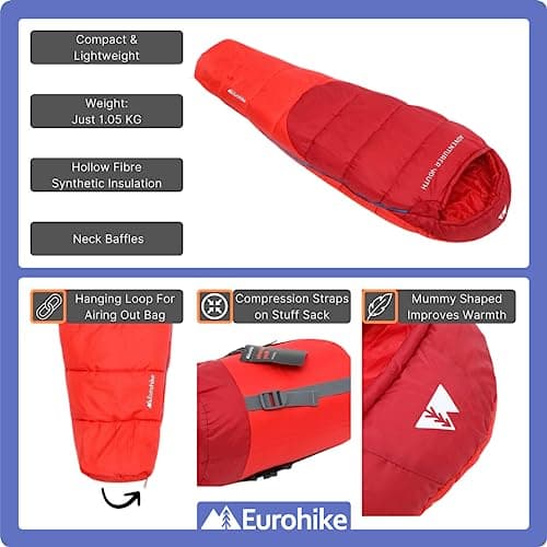 Eurohike Youth Adventurer Sleeping Bag with Pillow Pocket for Teens, Kids, 1 Person, 2-3 Season, Lightweight, Warm, Indoor & Outdoor Use, Camping, Hiking, Backpacking, Compression Bag (Red) — view 3