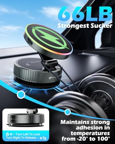 CloudValley for MagSafe Car Mount Charger, 15W Wireless Rapid Charging & 360° Rotating Vacuum Suction Cup, Magnetic Phone Holder with RGB Light for iPhone 17/16/15/14/13/12/Dash/Windshield/Screen — view 2