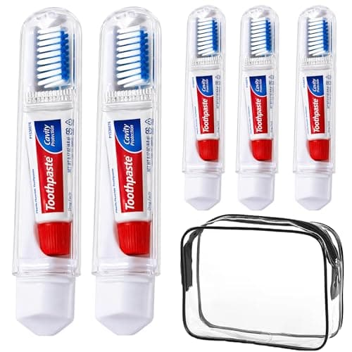 Travel Toothbrush Set of 5 with Mini Toothpaste & Clear Waterproof PVC Bag – Portable Compact Toothbrush Kit for Travel, Holidays, Camping, Business Trips, Gym, Overnight Stays & Family Use