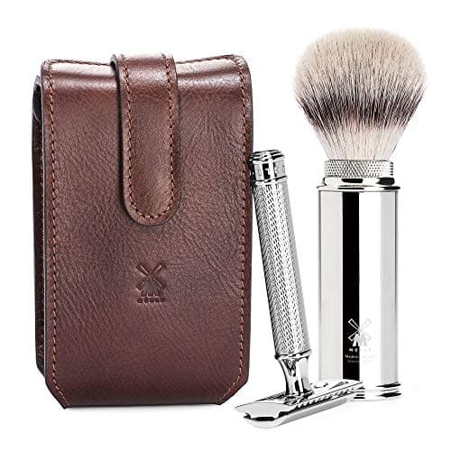 RT2sr Mühle Travel Brown Leather Case Silver Tip Fiber/Shaving Blade Travel Set