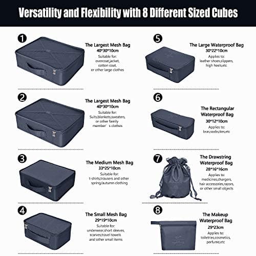 BETLLEMORY Packing Cubes 8 Sets Travel Luggage Organizers with Waterproof Shoe Storage Bag Compression Pouches(Navy Blue) — view 3