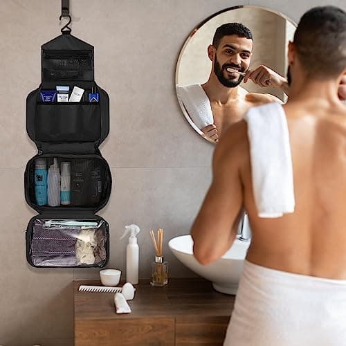 homchen Hanging Travel Toiletry Bag, Waterproof Folding Portable Cosmetic Wash Bag for Men and Women (M, Black02) — view 5