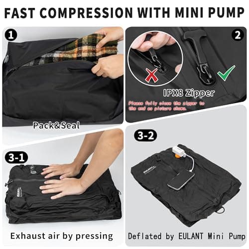 EULANT TPU Travel Vacuum Bags with Pump,Reusable Travel Pack Vacuum Kit W/ IPX8 Zip,Waterproof Space Saver Bag for Suitcases/Backpack,3x TPU Compression Packing Cube + 1x Shoe Bag + 1x Dry Bag,Black — view 6