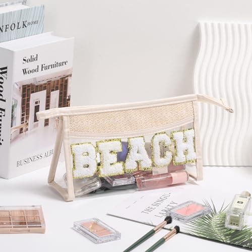 Etercycle Boho Patch Makeup Bag, Clear PVC Travel Toiletry Bag Waterproof Beach Bags for Women, Small Chenille Letter Bag with Zipper for Beach Travel Essentials (Beach) — view 5