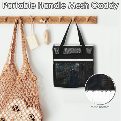GYEUKHAM Mesh Shower Bag with 2 Zipper Pockets & Dual Handles, Quick-Drying Hanging Shower Caddy for College Essentials,Sunscreen,Dorm, Gym, Travel & Camping, Black — view 2