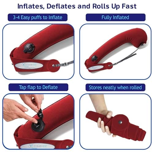 Travelrest Ultimate Travel, Neck & Body Pillow - Strap to Plane & Car Seat - Compact, Comfort and Convenient for Office Napping, Airplane, Bus & Train - Upright Sleeping - Rolls Up Small - Red — view 6
