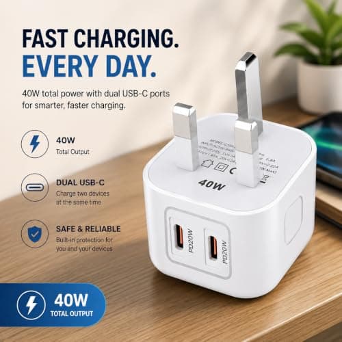 40W USB C Charger Plug, Dual USB C Fast Charger, 2 Port USB C Wall Charger, UK 3 Pin Power Adapter, USB C PD Charger for Phones, Tablets & Other USB C Devices — view 2