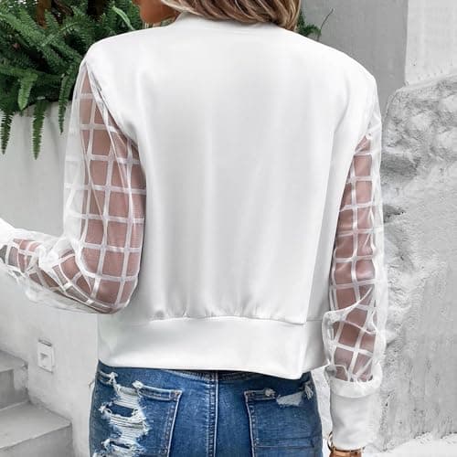 Beokeuioe Bomber Jacket with Mesh Lantern Sleeves Women's Casual Jacket Long Sleeve Lightweight Outwear Short Coat Zip Spring Summer Jacket Short Pilot Jacket Aviator Jacket, White, L — view 3