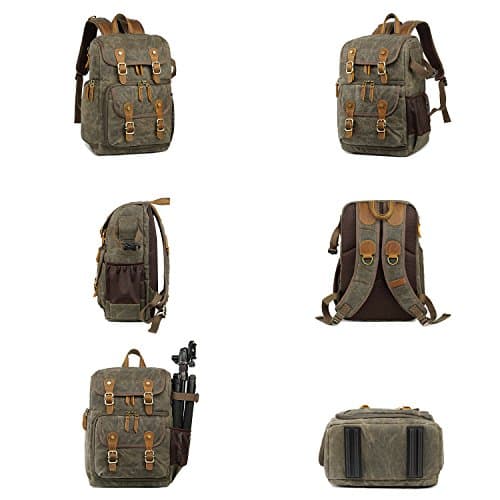 YuanWen DSLR Camera Canvas Backpack Large Capacity Front Open Waterproof Anti-shock SLR/DSLR Camera Rucksack Camera Travel Bag Professional Camera Bag Green — view 3