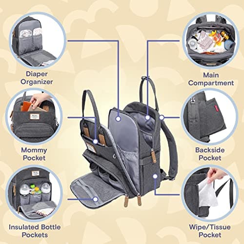 RUVALINO Baby Changing Bag Backpack, Neutral All-in-One Baby Bags for, Multifunction Large Travel Backpack with Portable Changing Pad, Stroller Straps, Pacifier Case and Insulated Pockets, Dark Gray — view 3