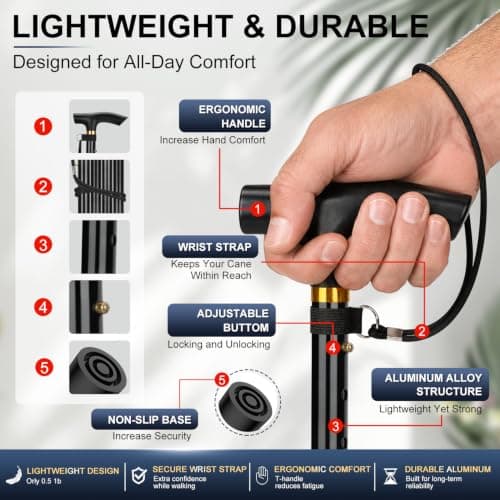 supregear Walking Stick - Adjustable Folding Walking Sticks for Women and Men - Lightweight Portable Collapsible Balancing Aid - Foldable Travel Cane for Ladies Elderly Adults, Black — view 5