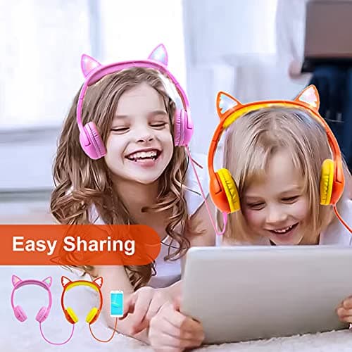 Olyre Kids Wired Headphones LED Light-Up Cat Ears, Microphone, Sharing Port — view 5