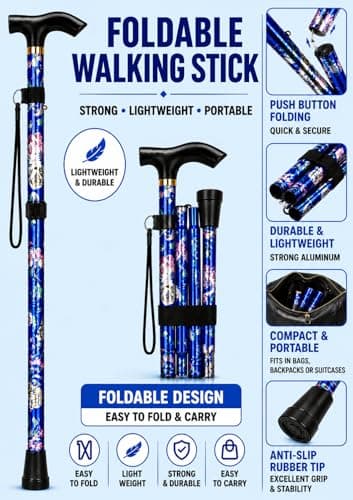 ZallyX Foldable Walking Sticks for Men & Women, 85–95cm Adjustable Ladies Walking Stick, Mobility aids, Collapsible walking stick For Elderly Adults (Blue Flower) — view 4