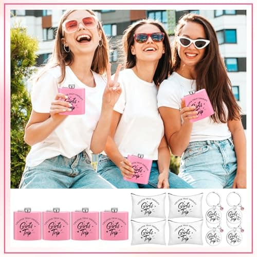 12 Pcs Girls Trip Travel Gifts for Women Hip Flasks Makeup Bags Keychains — view 6