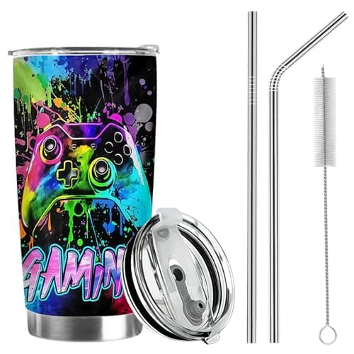 Insulated Gamer Cup, Boys Gamer Cups Tumbler Cup Kids, Gamer Travel Mug 20oz with Lid and Straw, Stainless Steel Gaming Travel Mugs for Hot Drinks, Ideas Gamer Gifts for Boys Teenage Home Picnic