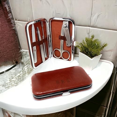 Personalised Male Travel Brown PU Leather Manicure Grooming Gift Set - Engraved Mens Gift — view 3