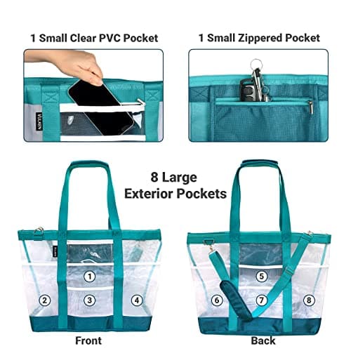 Vulken 42L Extra Large Mesh Beach Bag. 9 Pockets Top Zip Tote Bag, Turquoise — view 4