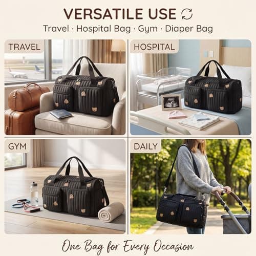 Large Baby Changing Bag, Quilted Cotton Hospital Maternity Bag with Cute Embroidery, Multi-Pocket Diaper Tote Bag with Shoulder Strap, Nappy Organizer Bag for Hospital Birth, Pram, Travel(black) — view 6