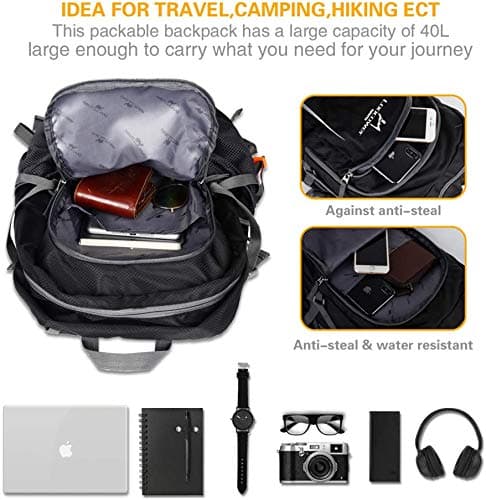 Loocower 45L Lightweight Foldable Backpack Walking Rucksack Hiking Daypack Packable Camping Travel Outdoor Sport Knapsack for Men Women - Black — view 5