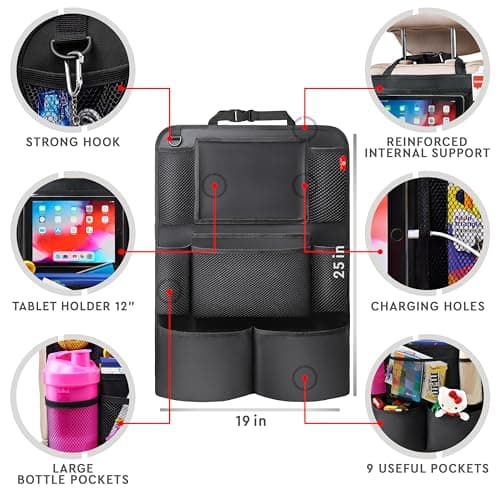 Helteko Backseat Car Organizer, Kick Mats Back Seat Protector with Touch Screen Tablet Holder, Back Seat Organizer for Kids, Travel Accessories with 9 Storage Pockets 2 Pack, Black — view 6