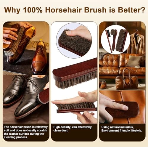 LYSSRA 4-Piece 100% Horse Hair Shoe Brush Kit Premium Dauber Applicators Leather Care Cleaning Set with Polishing Brushes and Cloth for Leather Suede Shoes Boots Bags Cars Cleaning Polishing — view 2