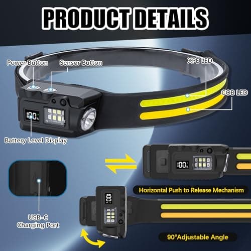 2 Pcs Head Torch Rechargeable with Motion Sensor, Lumilight Head Torch Removable IPX4 Waterproof with Helmet Clips, Lightweight LED Headlamp Long Lasting Super Bright for Camping Running Cycling — view 2