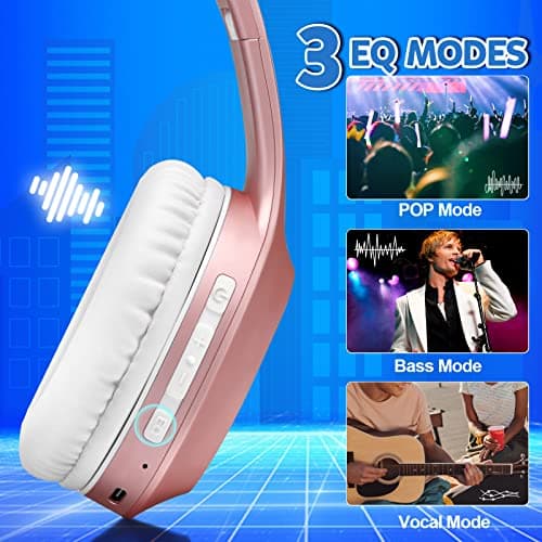 Rydohi Bluetooth Headphones Over Ear, 68H Playtime and 3 EQ Music Modes Wireless Headphones with Microphone/Deep Bass, HiFi Stereo Foldable Lightweight Headset for PC Home Travel Office (ROSE GOLD) — view 3