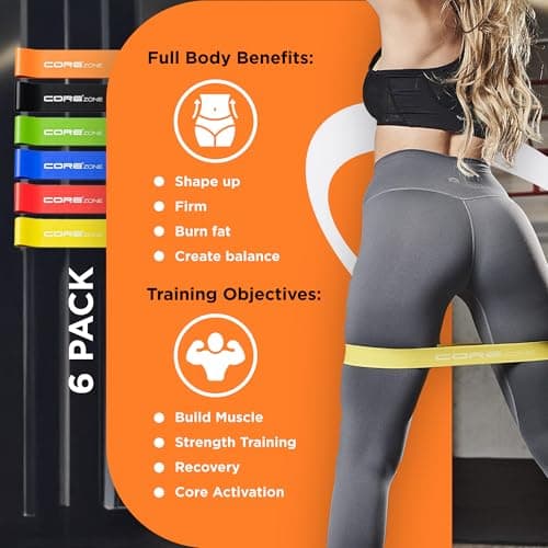 COREZONE Resistance Bands Set of 6 - Loop Exercise Bands for Working Out, Booty Bands for Women & Men, Glutes, Legs, Bum, Home Gym Workout, Yoga, Pilates, Physical Therapy - 6 Resistance Levels — view 2