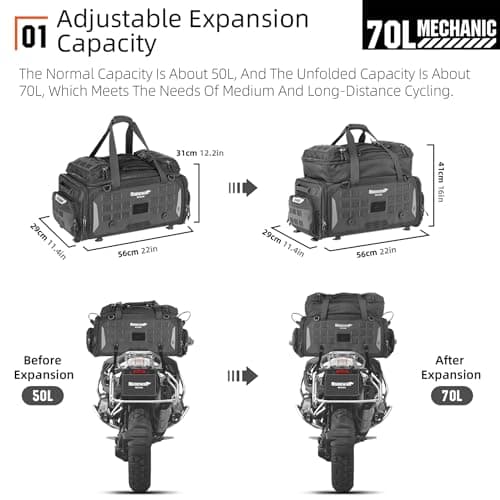 Rhinowalk Motorcycle Saddle Bag Mechanic Motorbike Travel Seat Bag Large Motor Bike Touring Tail Bag Powersports Luggage 50L to 70L with Rain Cover (Black) — view 4