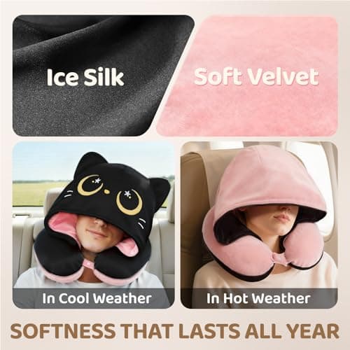 Mewaii Travel Neck Pillow, Airplane Pillow with Cat Hood, Pink — view 5