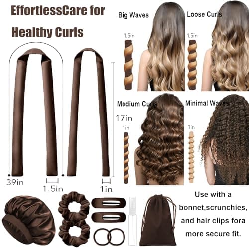 MZinge Heatless Hair Curler Set, Overnight Curling Rods 2 Sizes (1.5inch & 0.5inch) for All Hair Types, No Heat Damage, Complete Styling Kit with Sleep Cap & Storage Bag for women gifts (Brown) — view 2
