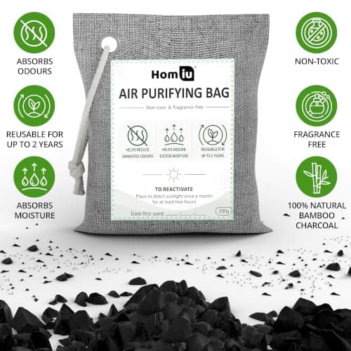 Homiu Bamboo Charcoal Air Purifying Bags - 4 Pack 200g Natural Odour Eliminator - Activated Charcoal Odour Absorber - Air Fresheners for Room Shoe Deodoriser Car Air freshener - Moisture Absorber — view 4