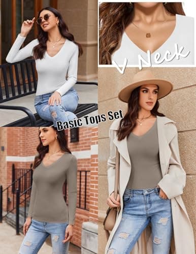 Ekouaer Womens 1&3 Pack Long Sleeve Shirts Sexy V Neck Tee Black + Grey Brown + White S — view 2