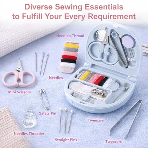 2 Pack Mini Sewing Kit, Compact Semi-Circular Travel Sewing Case, Portable Needle and Thread Set with Scissors Buttons Pins for Home & Outdoor Use (Blue & Pink) — view 3