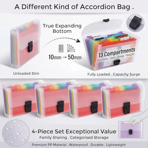 4 Pack A6 Concertina File Organiser, 13 Pockets Expanding Document Folder, Multicoloured Plastic Expanding Wallet with Rainbow Index Labels — view 2