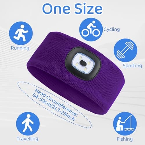 LED Lighted Headband, USB Rechargeable Night Running Headlamp Running Lights for Runners with 4 LED, Head Torch Stretchy Waterproof, Hands Free Flashlight for Runners Dog Walking Hiking (Purple) — view 3