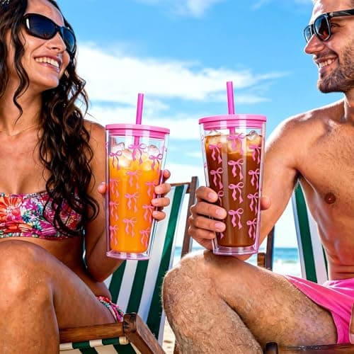 CuppaLifes 710ml Reusable Tumbler with Straw and Lid, 2 Pack Insulated Cup for Iced Coffee, Hot/Cold Drink, Plastic Travel Mug for Office, Travel, Camping, Beach, Outdoor (2, Pink) — view 4