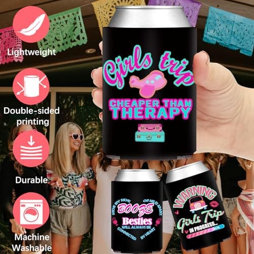 HAPPARTY Weekend Girls Trip Theme Can Cooler Sleeves 8Pcs, Hot Pink Babe Girls Insulated Bottle Beverage Cold Drink Holder for Birthday Bachelorette Weekend Trip Party Can Cover Decorations — view 3