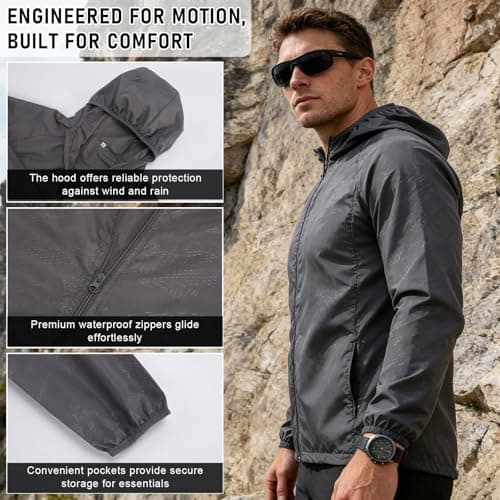ADUDVLO Men's Lightweight Waterproof Jacket with Pockets, Packable Hooded Windproof Rain Jacket for Travel, Running & Hiking – Includes Carry Pouch (UK, Alpha, S, Regular, Regular, Grey) — view 3