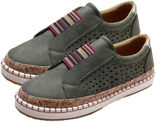 Womens Premium Orthopedic Casual Sneaker, Posture Correction Walking Shoes for Women Wide, Fashion Comfortable Cork Footbed Ladies Loafers(Green,10US)