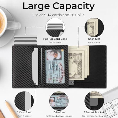 GRALEON Credit Card Holder Wallets for Men,Slim,Minimalist,Smart,RFID Blocking,Pop Up Leather Card Case Wallet, Cash Slot |ID Window|10-14 Card Capacity|Gifts for Men(Carbon Fiber) — view 3