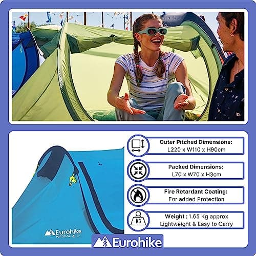 Eurohike Pop 200 Tent for 2 People with Sewn in Groundsheet, 2 Man, Easy to Pitch, Pop-Up Design, Lightweight (Blue) — view 4