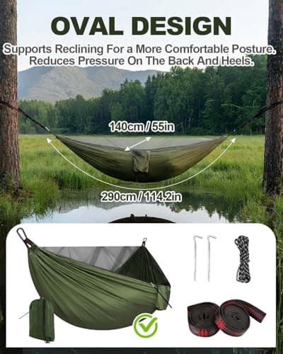 Zumhigh Camping Hammock 290x140CM with Mosquito Net, Ultra Lightweight Durable 210T Parachute Nylon Travel with Tree Straps Easy to Setup Hammock Camping for Outdoor — view 2