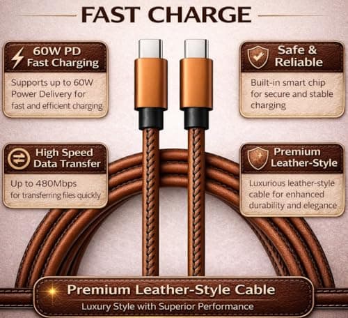 MyfavoriteK Brown PU Leather USB C to USB C Cable, Fast Charging Type C Phone Charger Cord with Gold Tips, 3.3 ft (Brown) — view 5