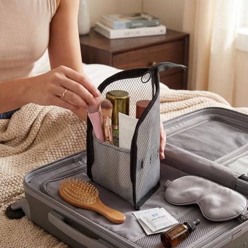 Standing Toiletry Bag,Waterproof Travel Toothbrush Storage Pouch with Holder,Portable Stand Up Organizer for Toothbrush,Makeup Brushes,Cosmetic Brush Bag for Hotel, Vacation,Trip (Black + White) — view 5