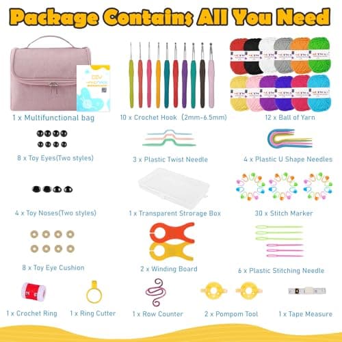 AOTWAN Crochet Kits for Beginners Adults Crochet Hooks Set 12Pcsx25g Crochet Yarns Include Ergonomic Metal Crochet Hooks 2-6.5mm Knitting Kit Accessories Tools Storage Case Crochet Starter Kit-Pink — view 3